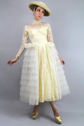 1950's Vintage Style Ivory Lace Wedding Gown Long Sleeves