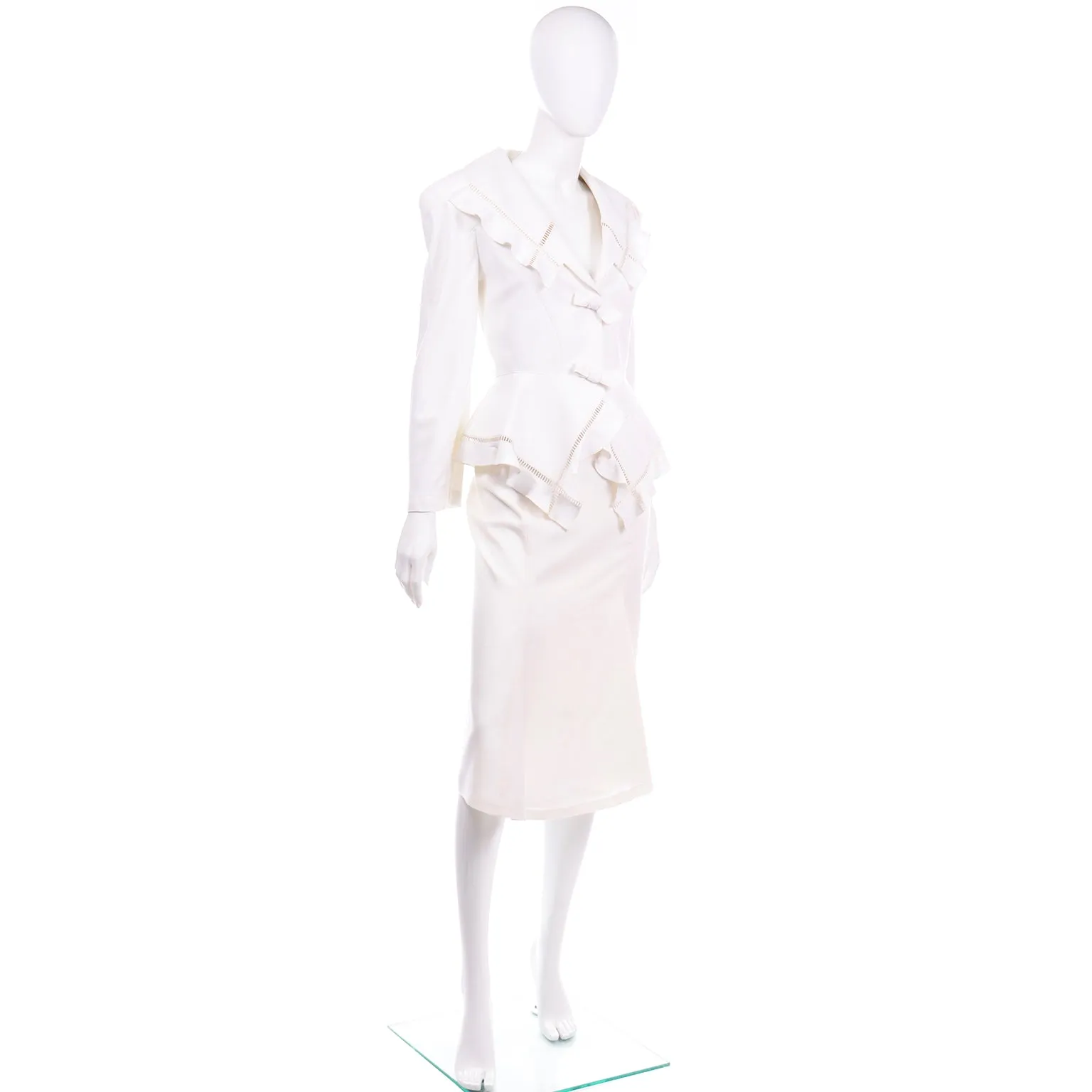 1980s Thierry Mugler Vintage Ivory Linen Blend Skirt & Jacket Suit