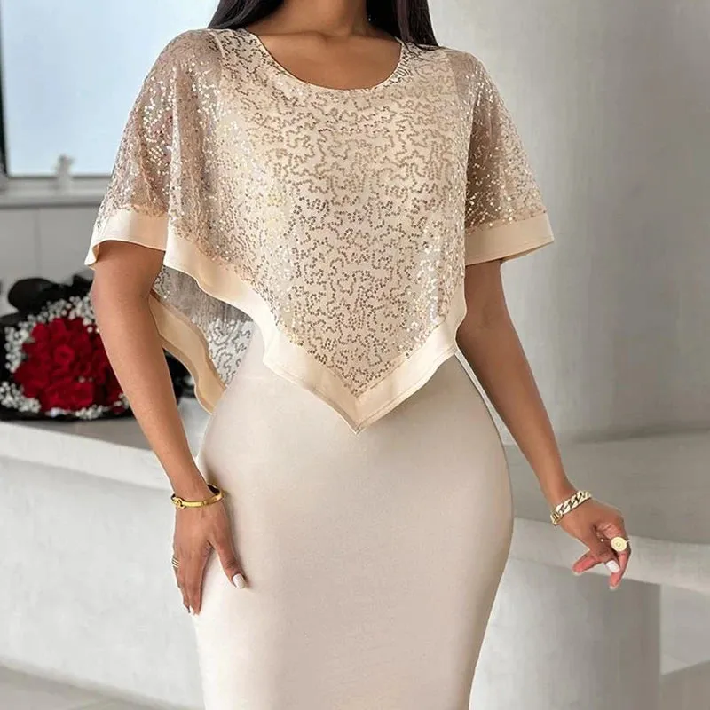 2024 Spring Crew Neck Patchowrk Sequins Dress Women Sexy Solid Slim Bodycon Mini Dress Summer Batwing Sleeve Shiny Party Dresses