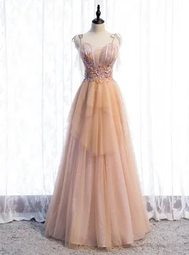 A-Line Champagne Tulle Spaghetti Straps Beading Prom Dress