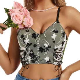 Advbridge-Women Sexy Embroidery Mesh Halter Vest Slim Sleeveless Corset Top Summer Fashion Camisole Casual Underwear Cropped Tank Tops INS