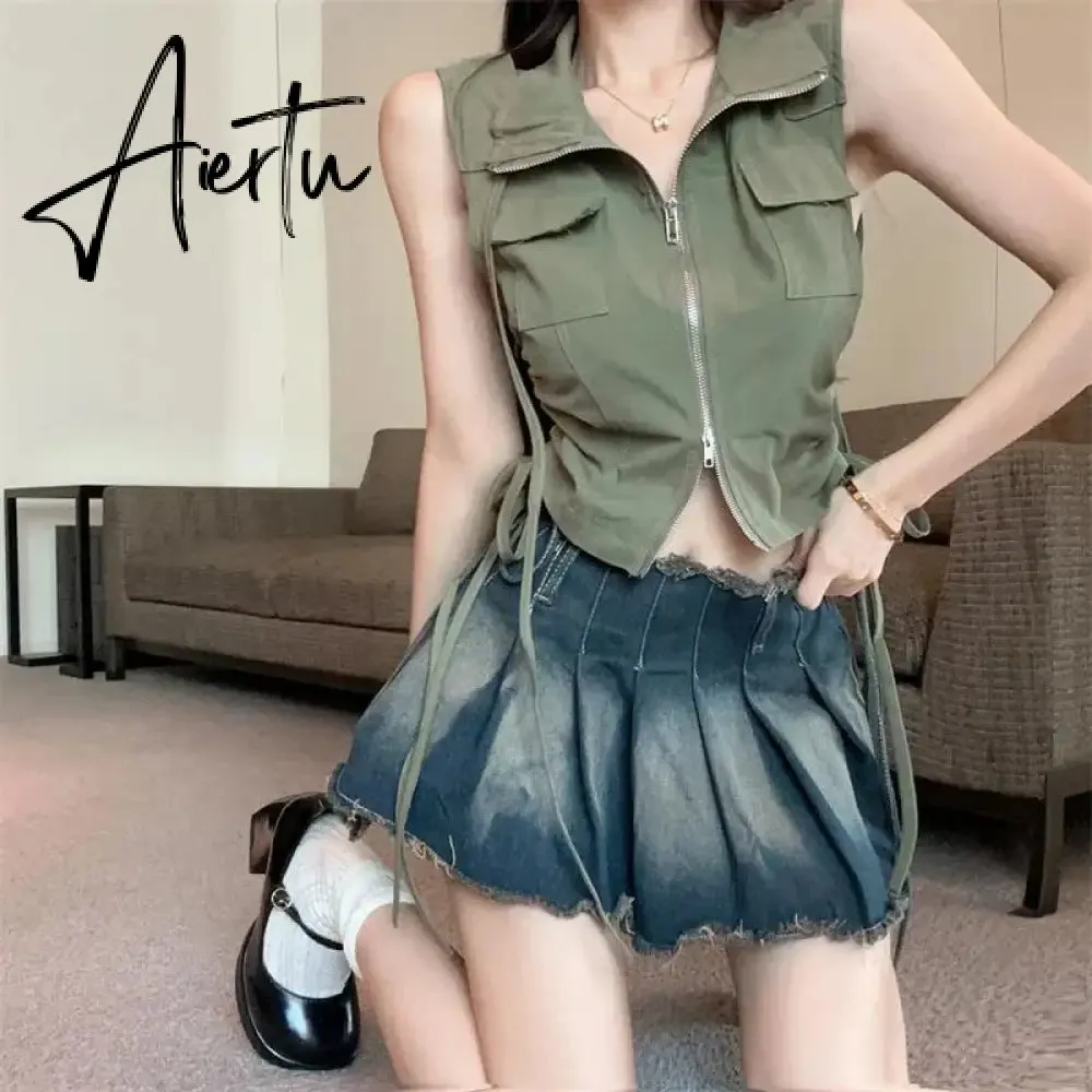 Aiertu  Vintage American Cargo Tanks Women Streetwear Sexy Cropped Slim Tees Summer Sleeveless Harajuku Hip Hop Double Zipper Tanks