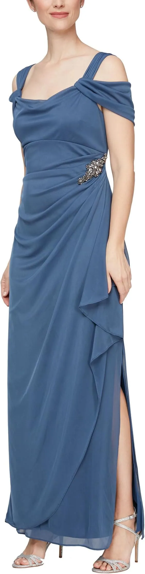 Alex Evenings Long Off Shoulder Cowl Neck Dress in Wedgewood