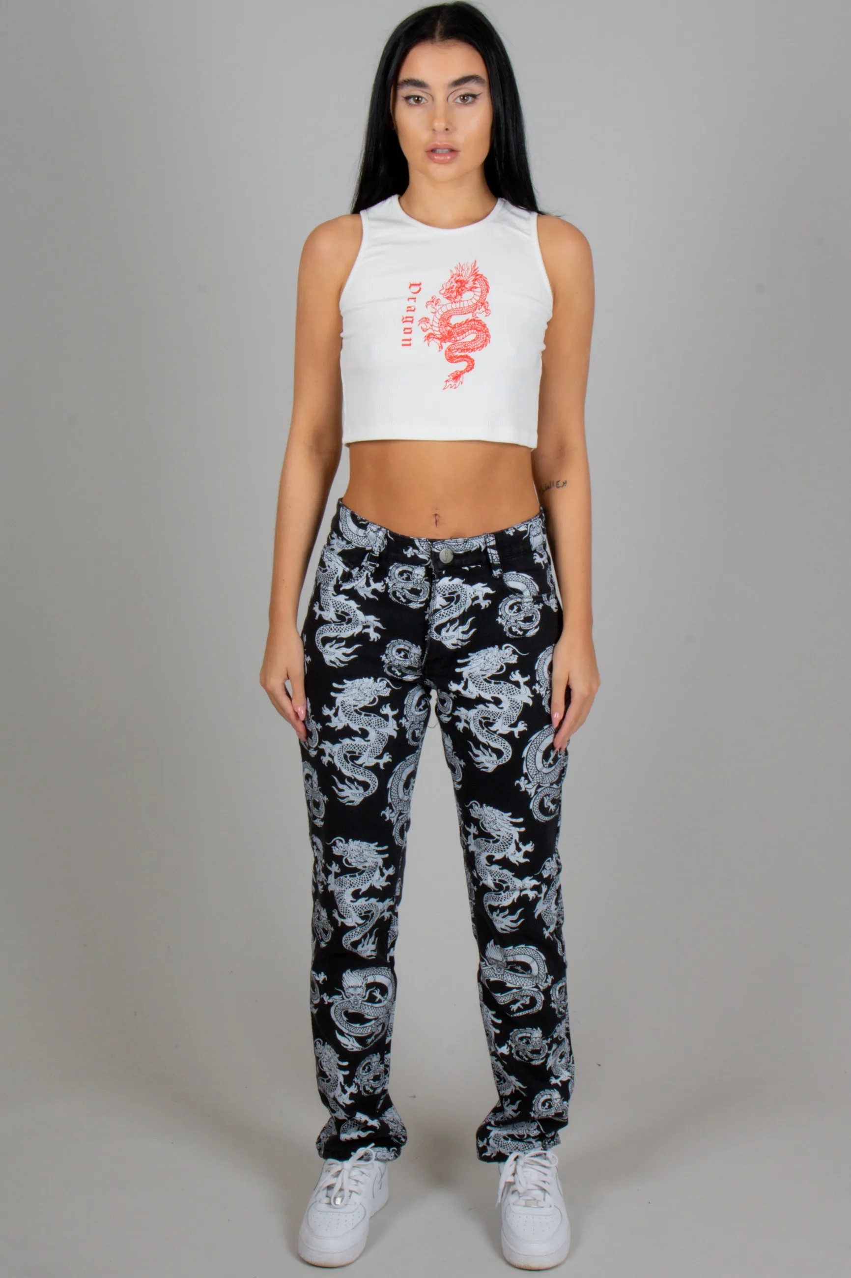 All-Over Dragon Print Straight Leg Jean