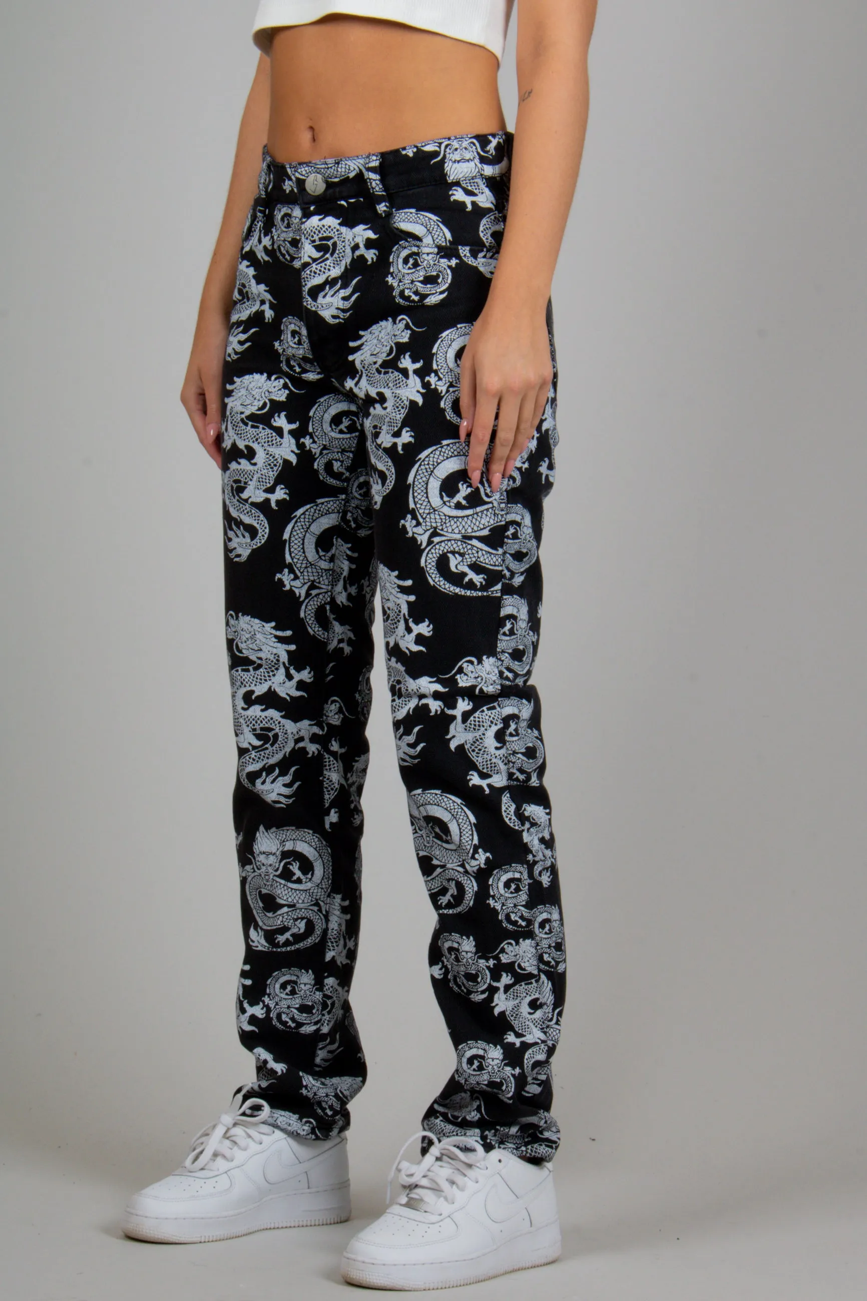 All-Over Dragon Print Straight Leg Jean