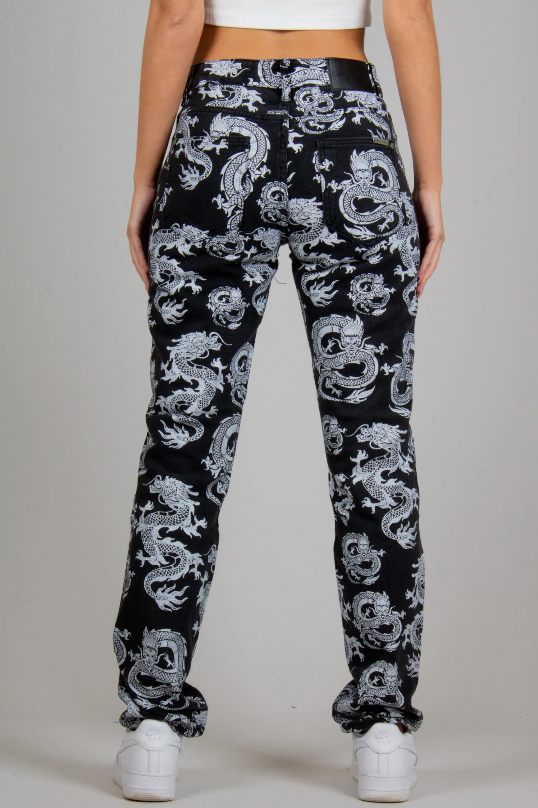 All-Over Dragon Print Straight Leg Jean