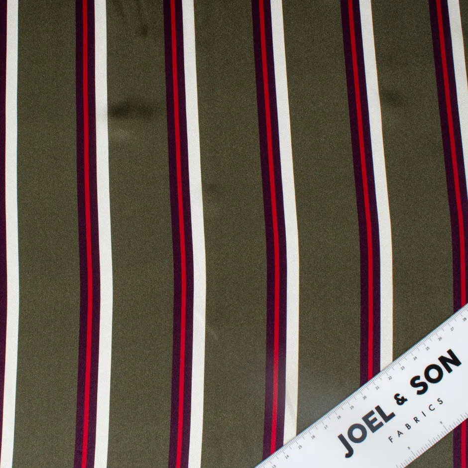 Army Green Striped Pure Silk Satin