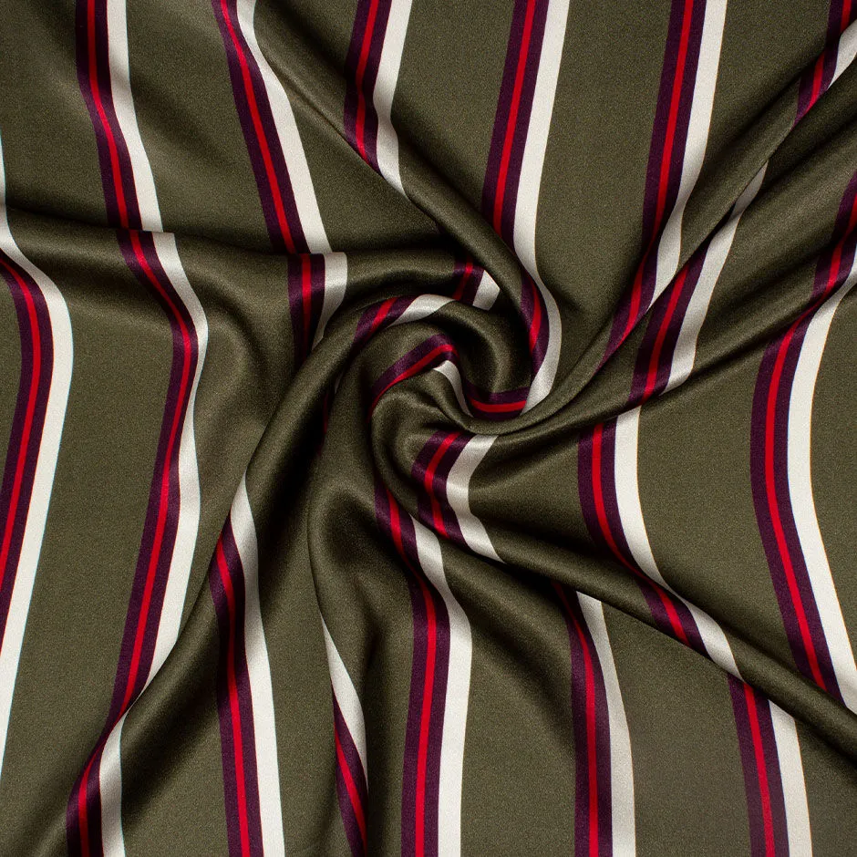 Army Green Striped Pure Silk Satin