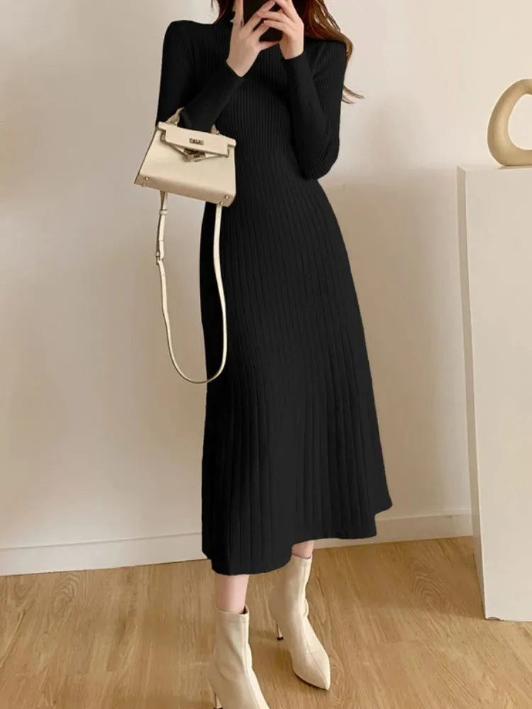 Autumn Winter 2023 Slim Long Sleeve Party Midi Dress for Women Knitted Half High Collar Elegant Knitted Sweater Dresses Ladies