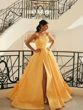 Backless Long Yellow Prom Dress,A line Satin Formal Party Dresses