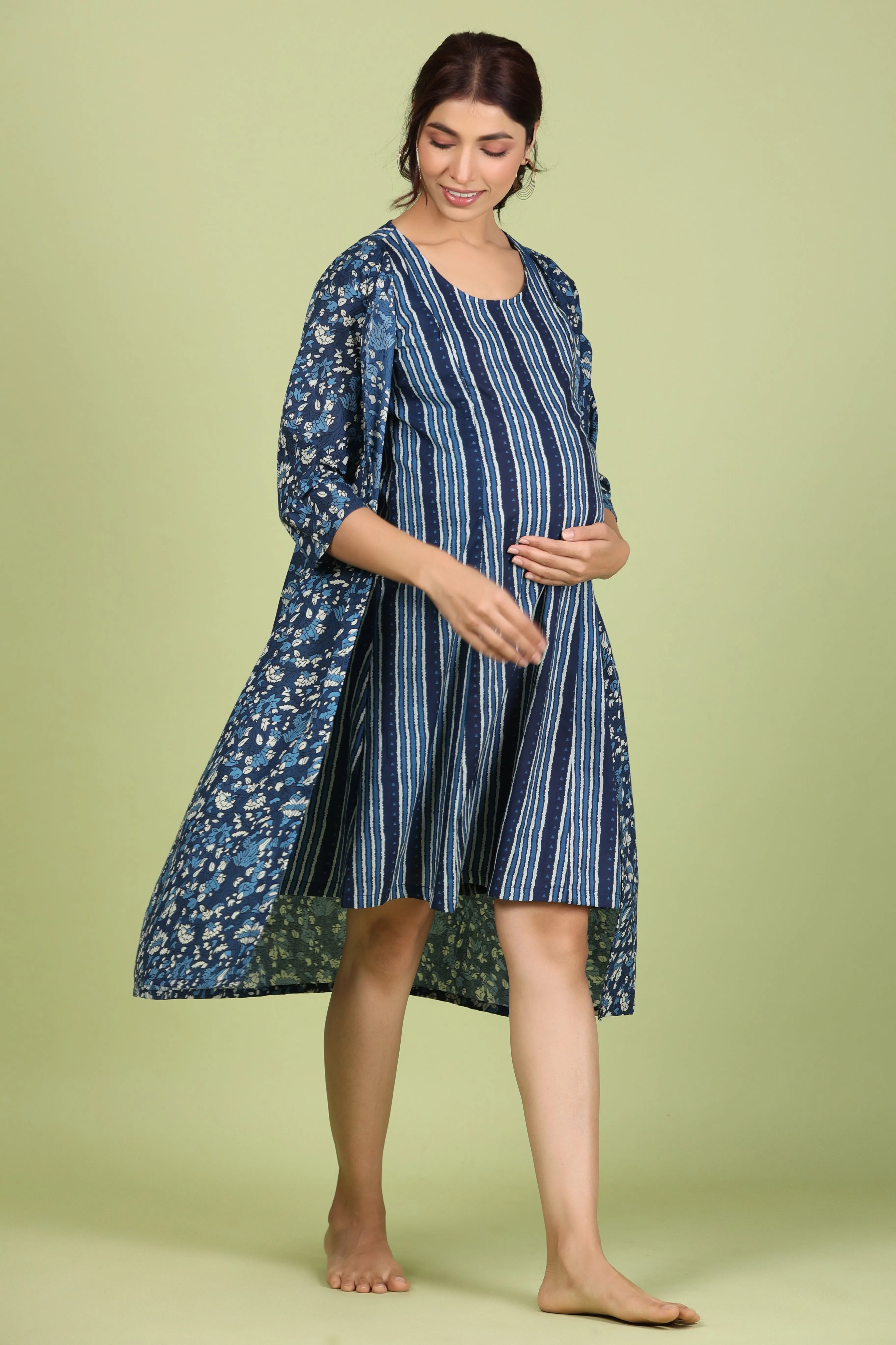 Batik Print on Blue Maternity Feeding Shrug Set