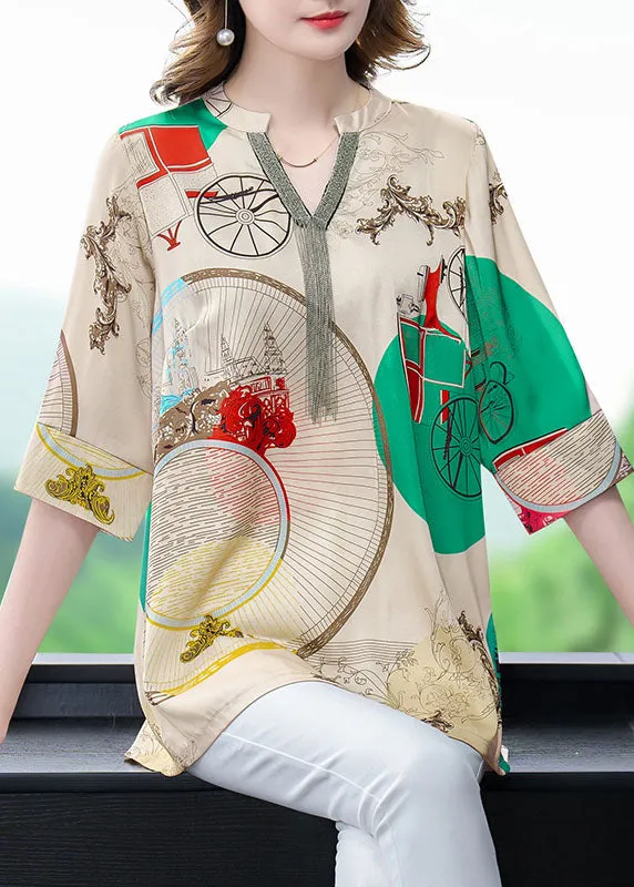 Beautiful Khaki V Neck Print Patchwork Silk Shirts Tops Bracelet Sleeve LY6724