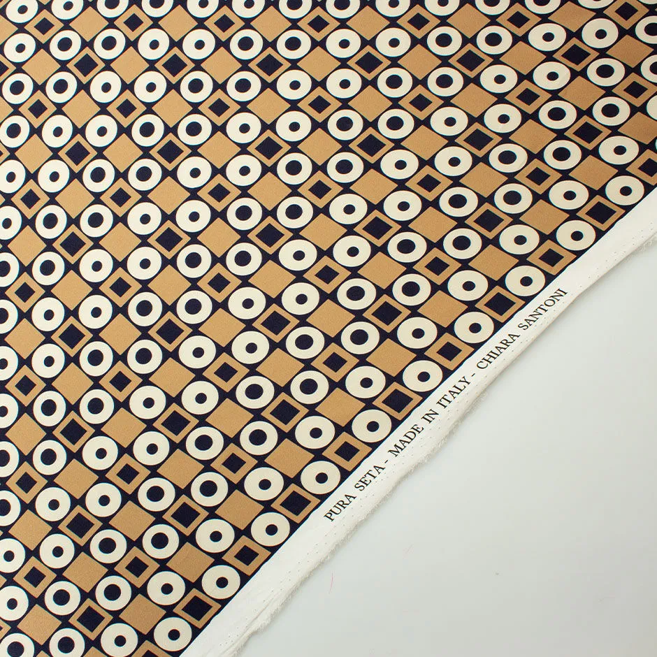 Beige & Blue Geometric Printed Silk Satin