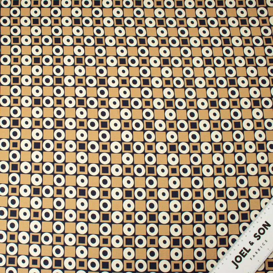 Beige & Blue Geometric Printed Silk Satin