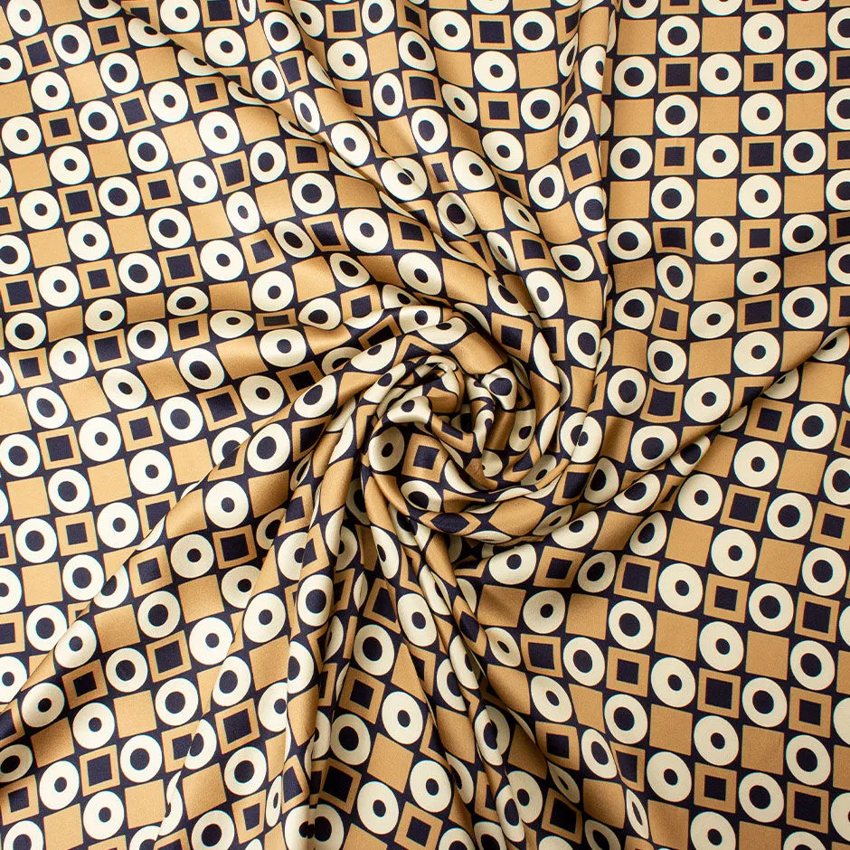 Beige & Blue Geometric Printed Silk Satin