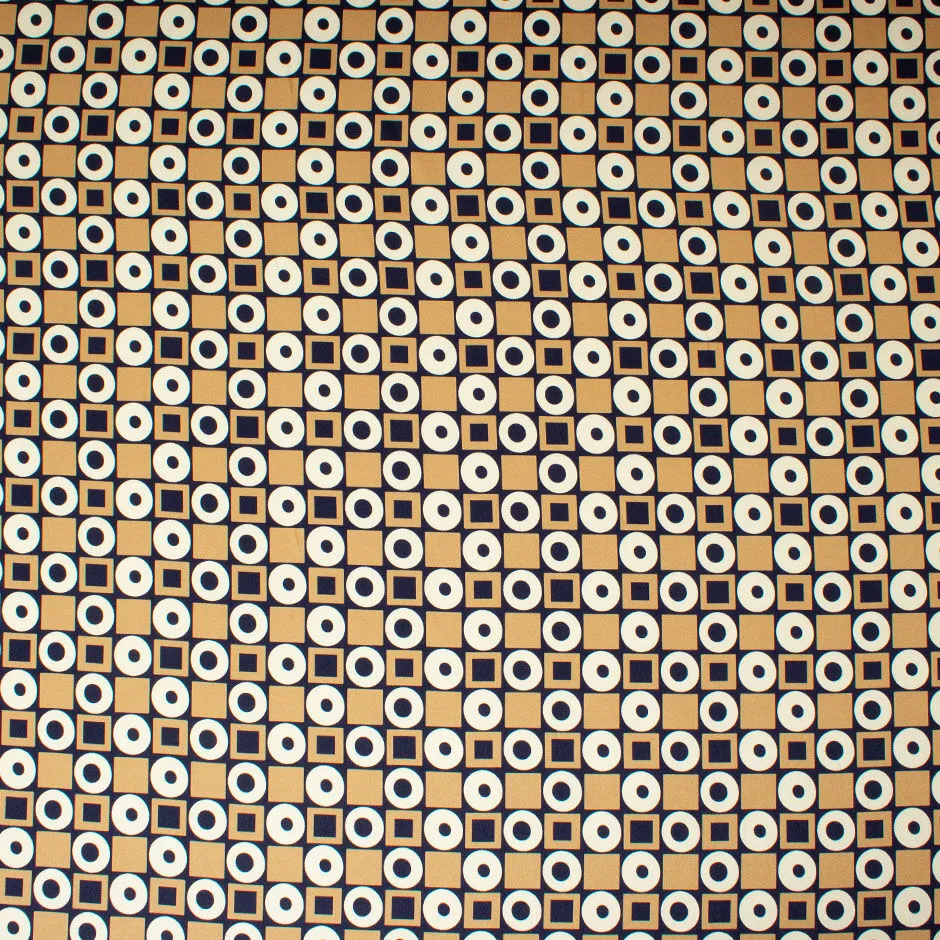 Beige & Blue Geometric Printed Silk Satin