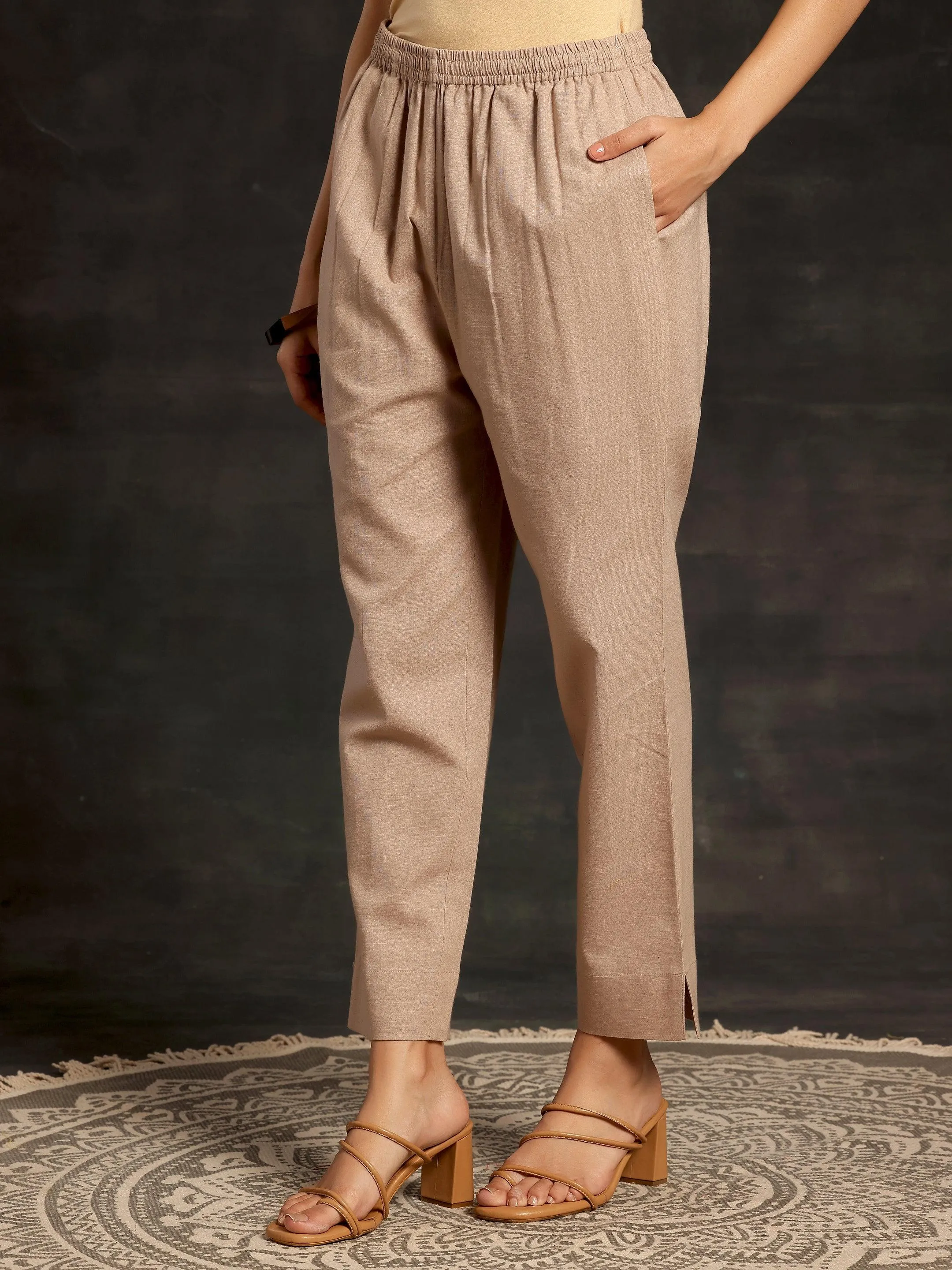 Beige Solid Cotton Straight Fit Trousers