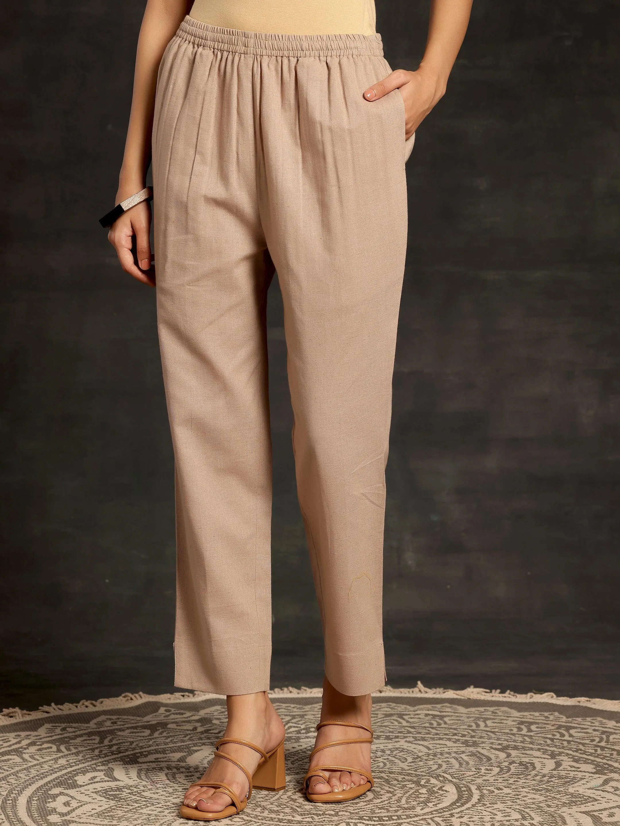 Beige Solid Cotton Straight Fit Trousers