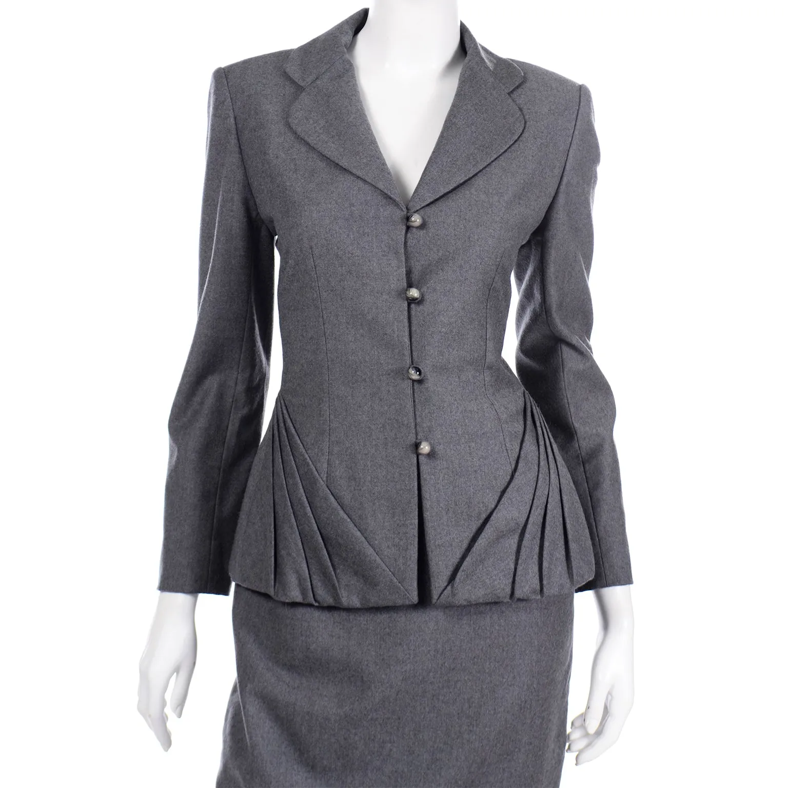 Bill Blass Grey Wool Pleated Blazer Jacket and Skirt Suit