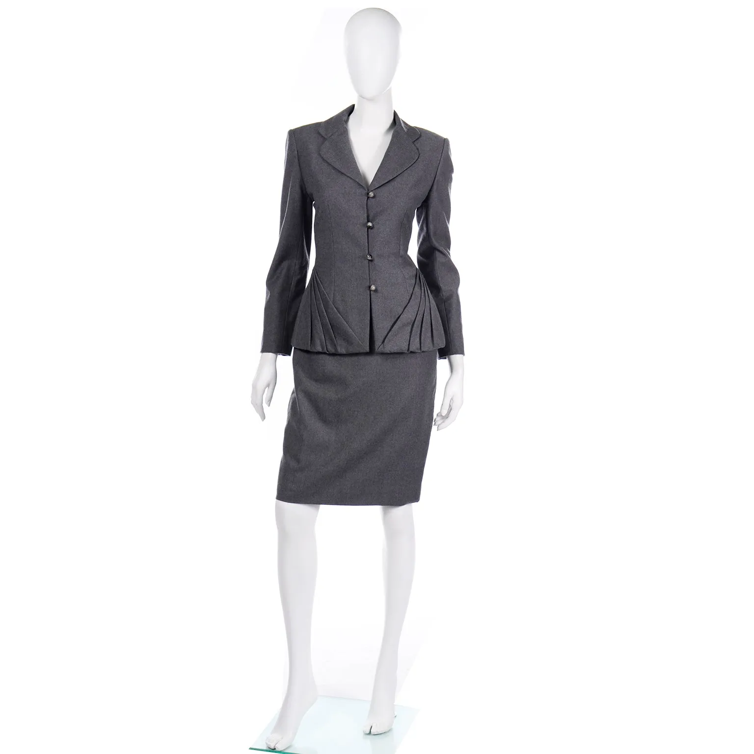 Bill Blass Grey Wool Pleated Blazer Jacket and Skirt Suit