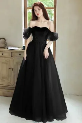 Black Off the Shoulder Beaded Long Prom Dresses, Black Formal Graduation Evening Dresses WT1356