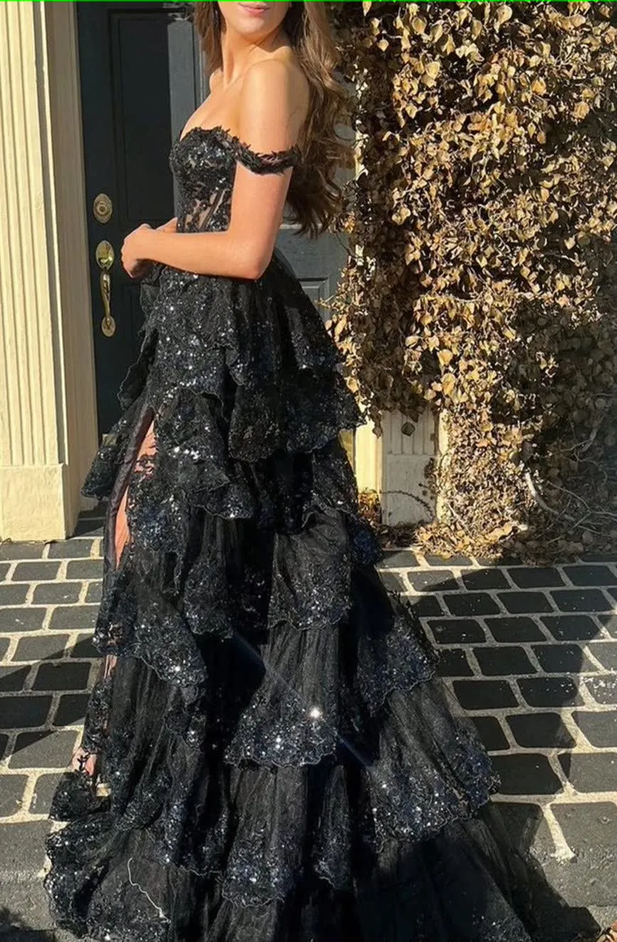 Black Off The Shoulder Tiered Prom Dress