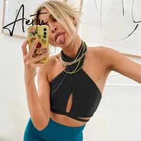 Black Sexy Halter Bandage Crop Tops For Women Sleeveless Backless Club Party Chic Wrap Cropped Top Slim Camis Streetwear Tanks