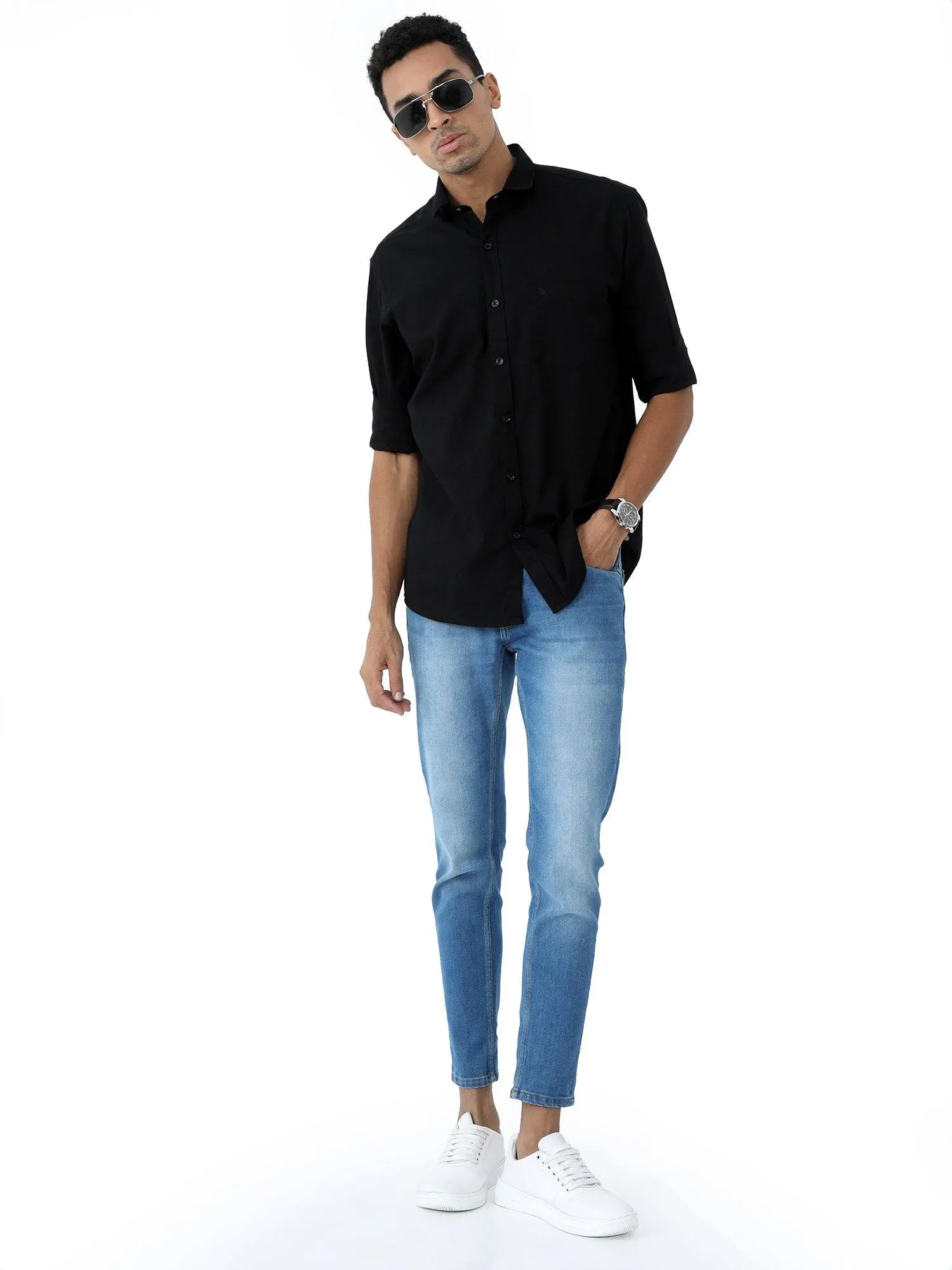 Black Solid Cotton Full Sleeve Shirt