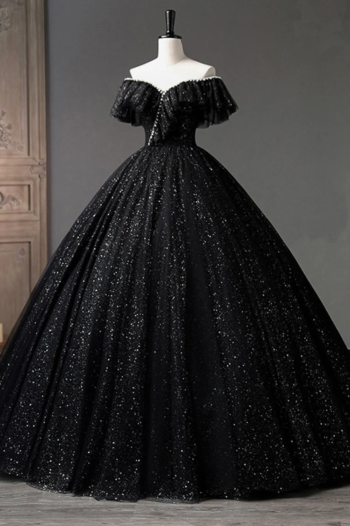 Black Tulle Shiny Off Shoulder Long Prom Dresses with Pearls, Long Black Formal Evening Dresses, Black Ball Gown WT1158