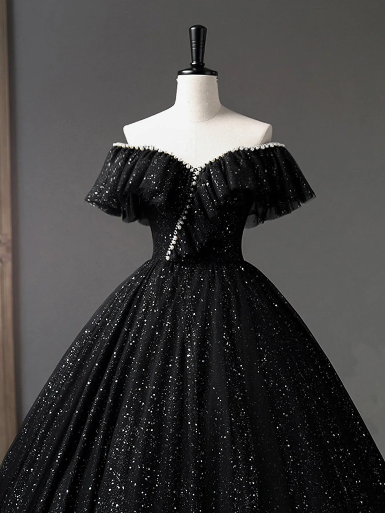 Black Tulle Shiny Off Shoulder Long Prom Dresses with Pearls, Long Black Formal Evening Dresses, Black Ball Gown WT1158