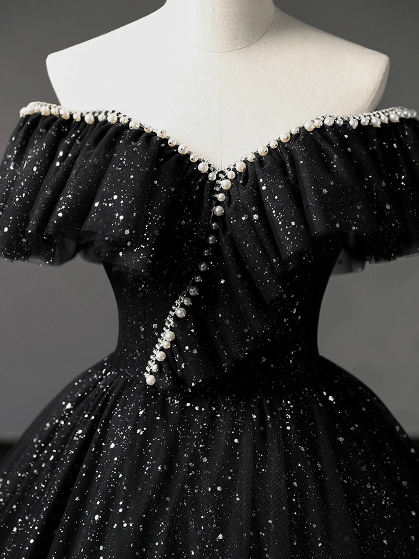 Black Tulle Shiny Off Shoulder Long Prom Dresses with Pearls, Long Black Formal Evening Dresses, Black Ball Gown WT1158