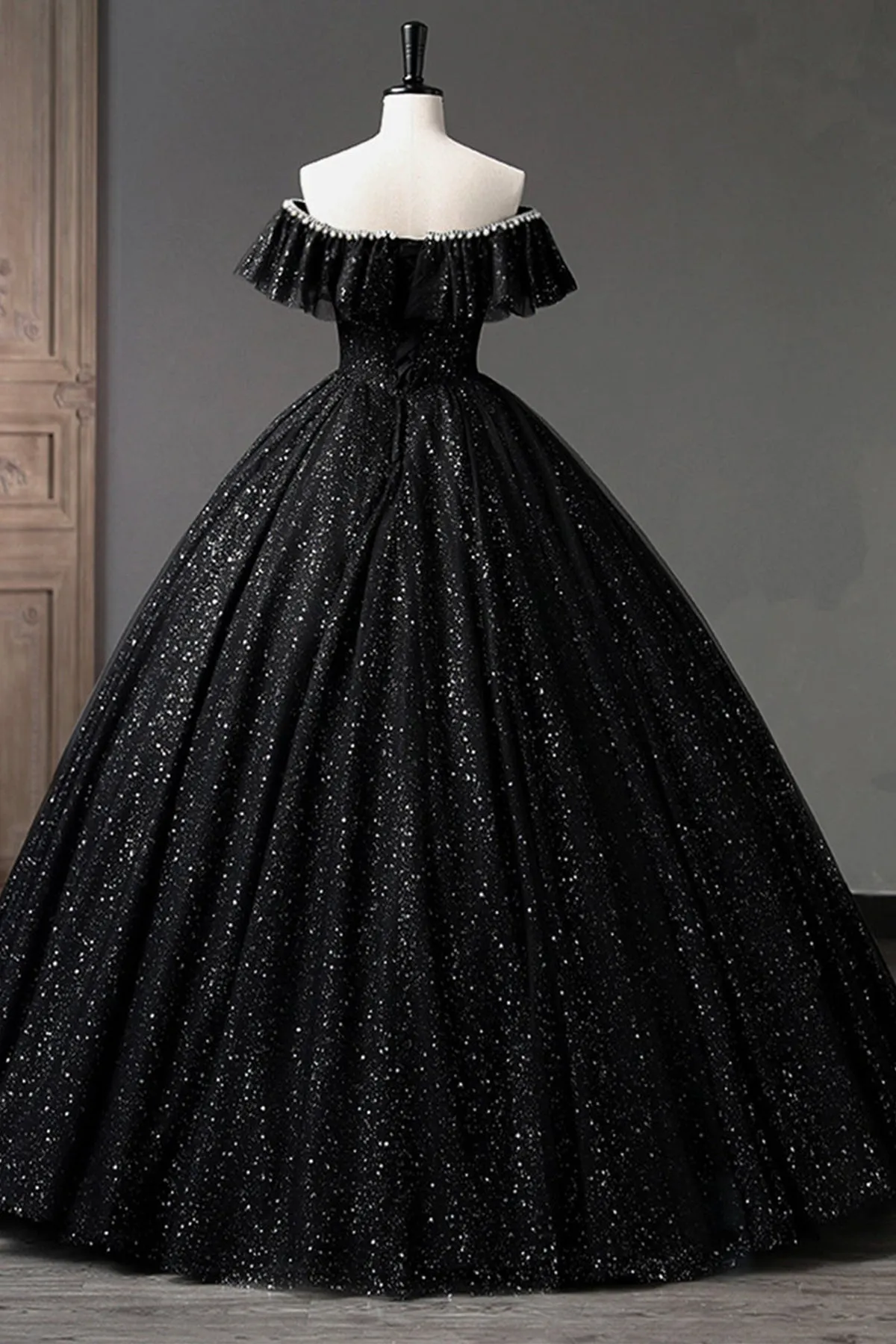 Black Tulle Shiny Off Shoulder Long Prom Dresses with Pearls, Long Black Formal Evening Dresses, Black Ball Gown WT1158