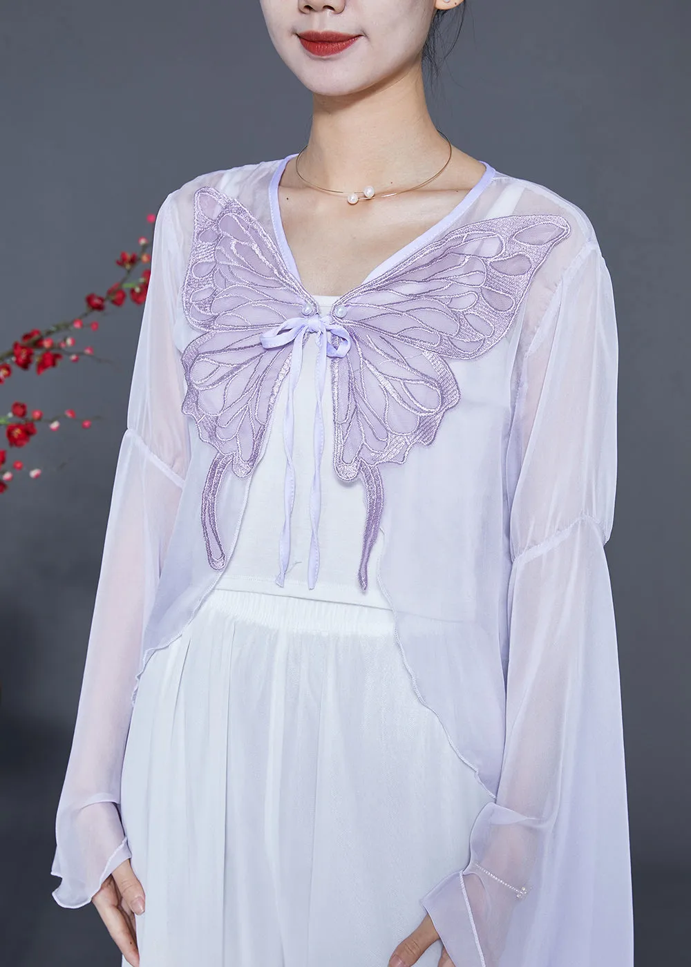 Boho Light Purple Butterfly Embroideried Chiffon Cardigan Flare Sleeve