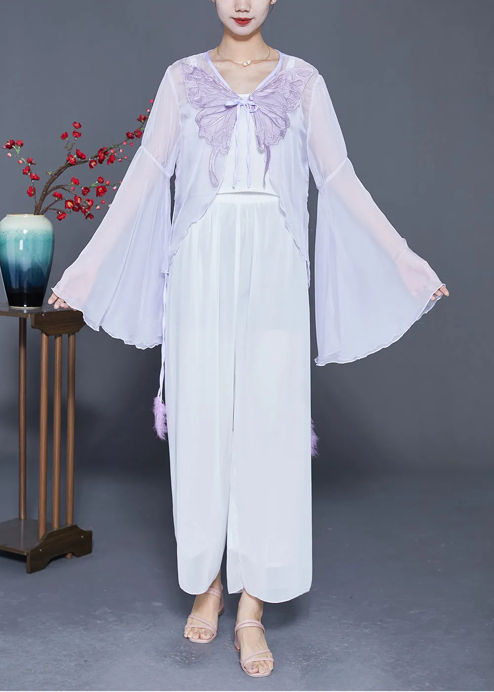 Boho Light Purple Butterfly Embroideried Chiffon Cardigan Flare Sleeve