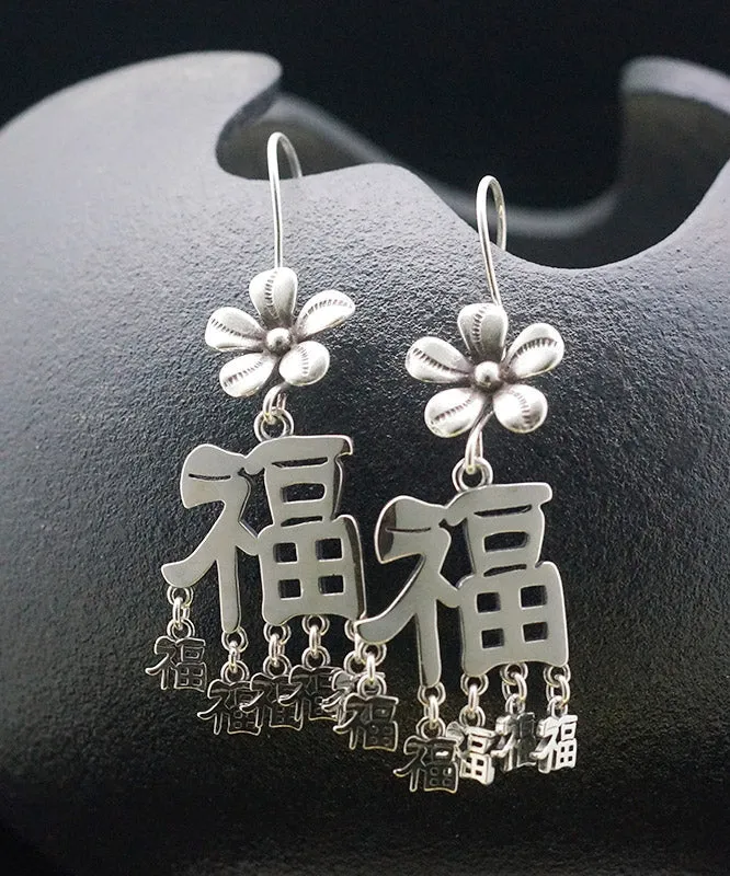 Boho Silk Sterling Silver Blessing Floral Tassel Drop Earrings LY2309