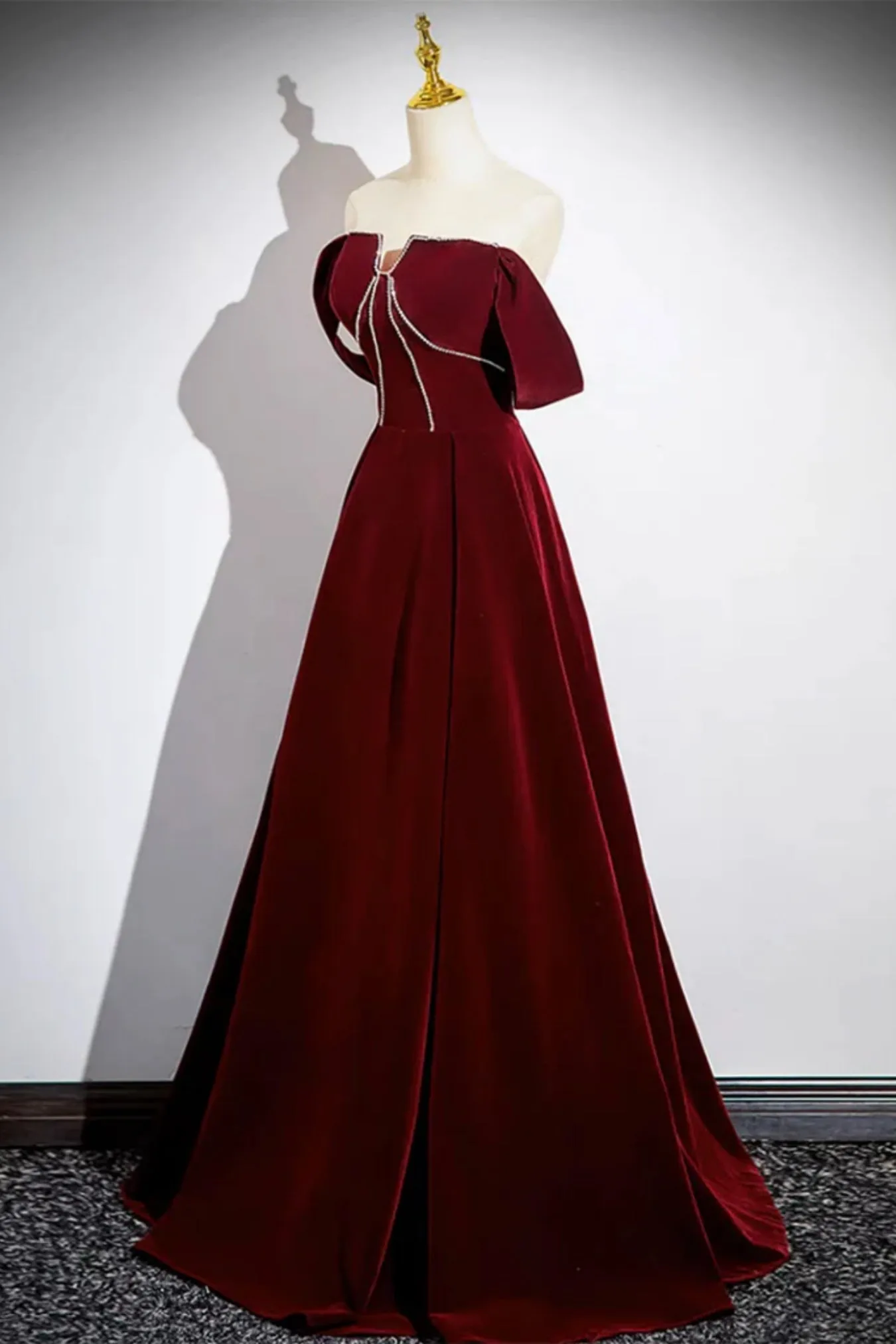 Burgundy Velvet Off Shoulder Long Prom Dresses with Beadings, Off the Shoulder Burgundy Formal Dresses, Burgundy Evening Dresses WT1420