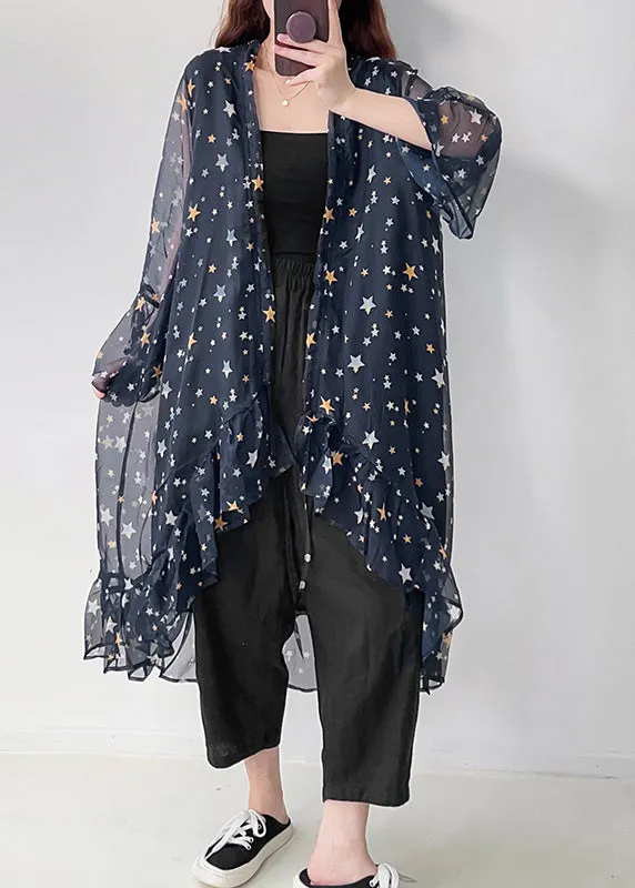 Casual Navy Ruffled Print Chiffon UPF 50  Cardigan Summer