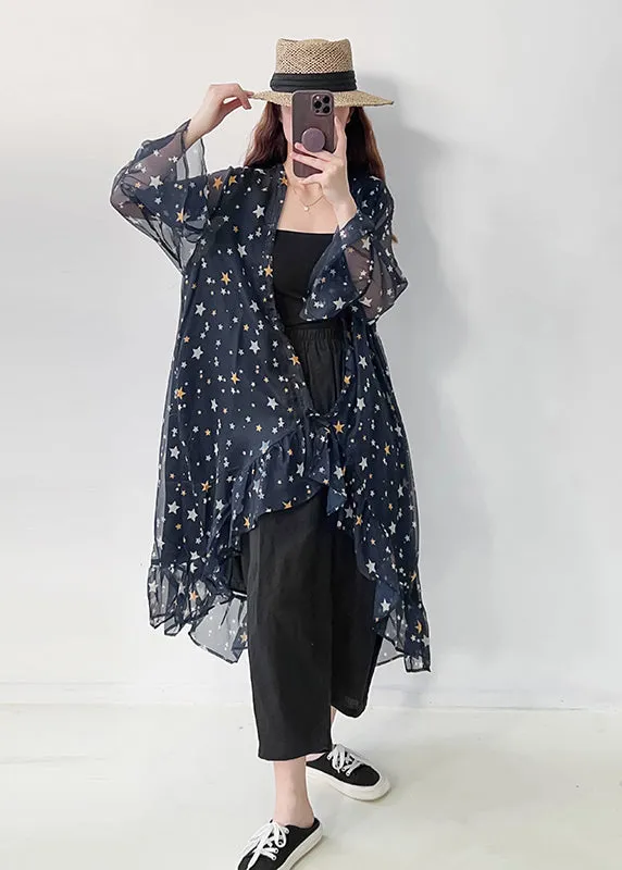 Casual Navy Ruffled Print Chiffon UPF 50  Cardigan Summer