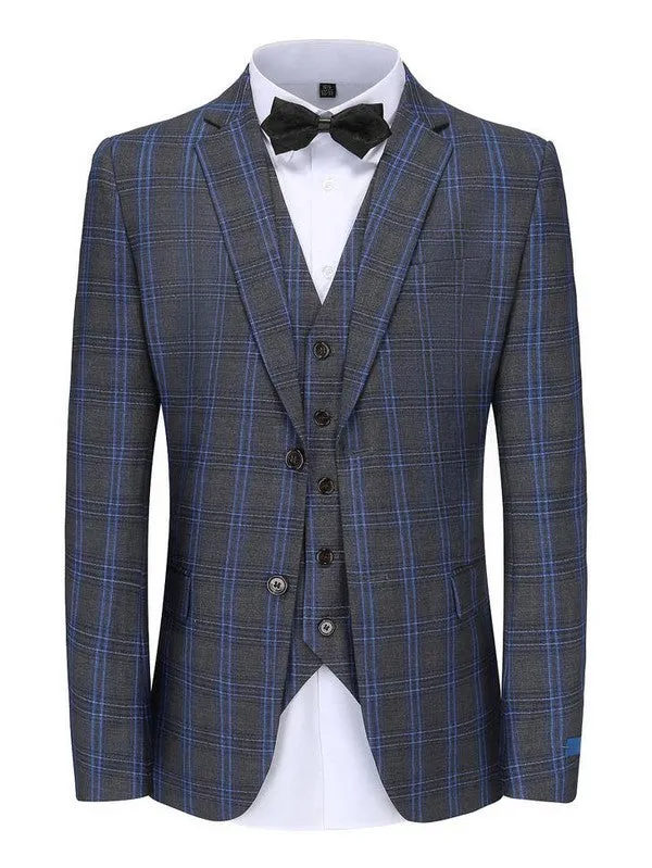 Charcoal Men's Slim-Fit 3pc Blue Check Plaid Suit - Regular