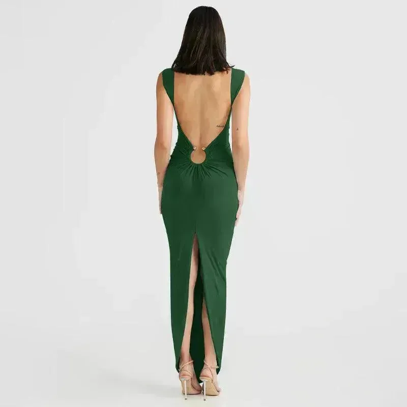 Charming V-neck Backless Slit Slim Fit Summer Dress