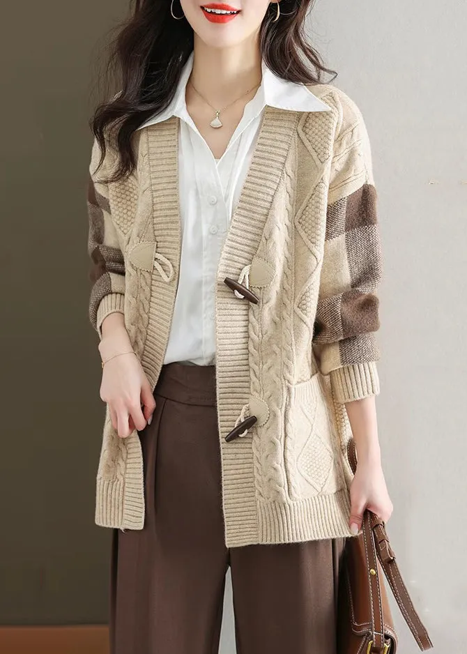 Chic Beige V Neck Button Patchwork Knit Cardigans Fall QS007