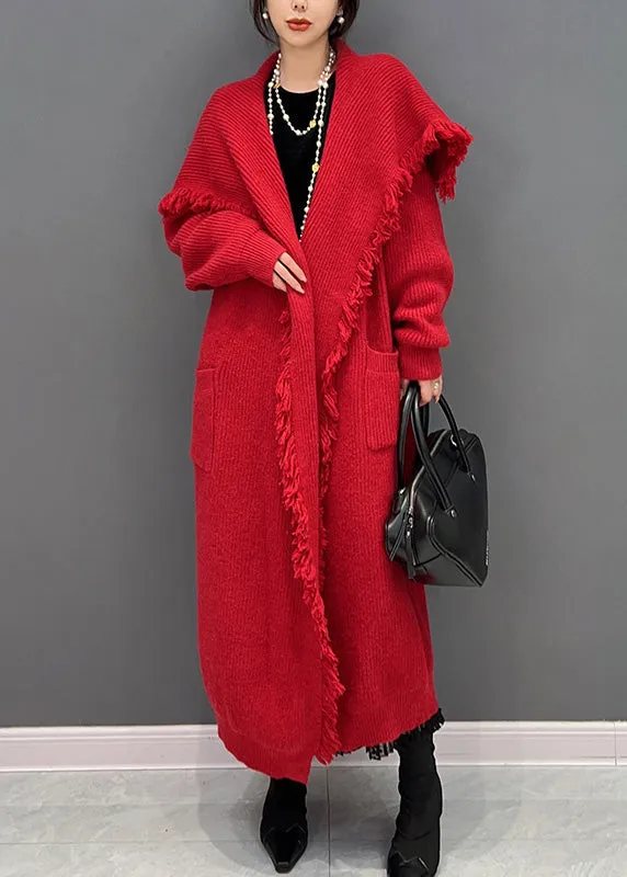 Classy Red Sailor Collar Knit Long Cardigan Winter