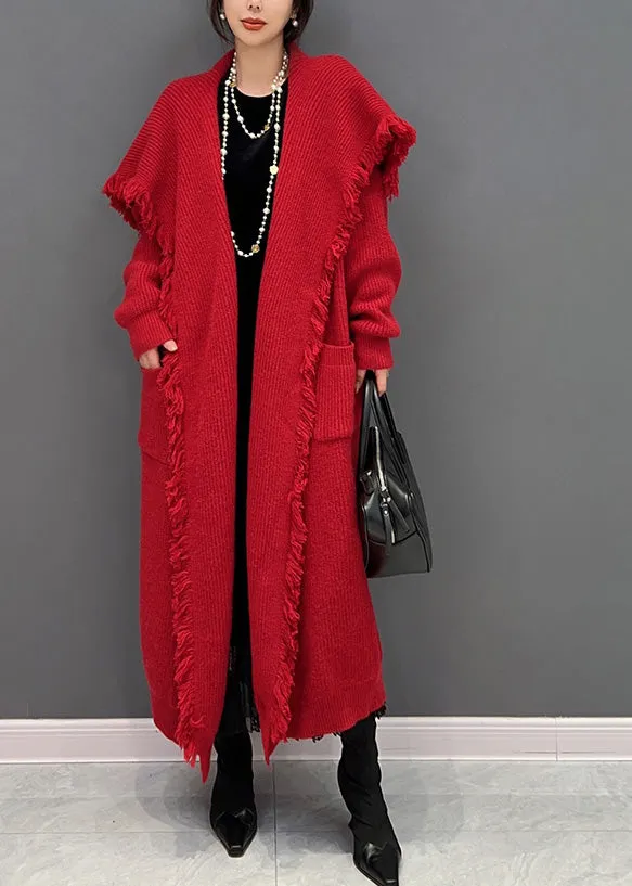 Classy Red Sailor Collar Knit Long Cardigan Winter