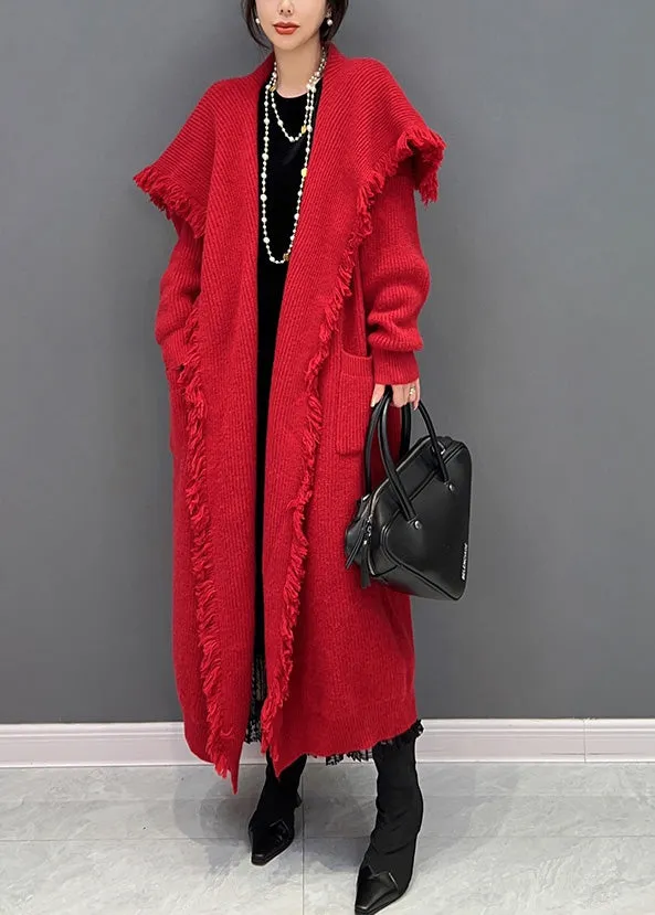 Classy Red Sailor Collar Knit Long Cardigan Winter