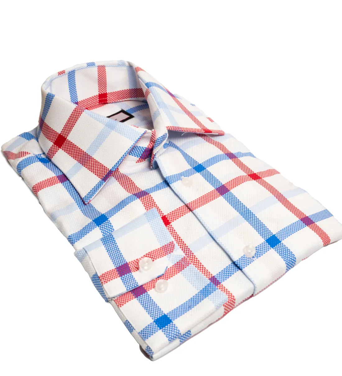 Connaisseur - White with blue and burgundy plaid slim fit dress shirt