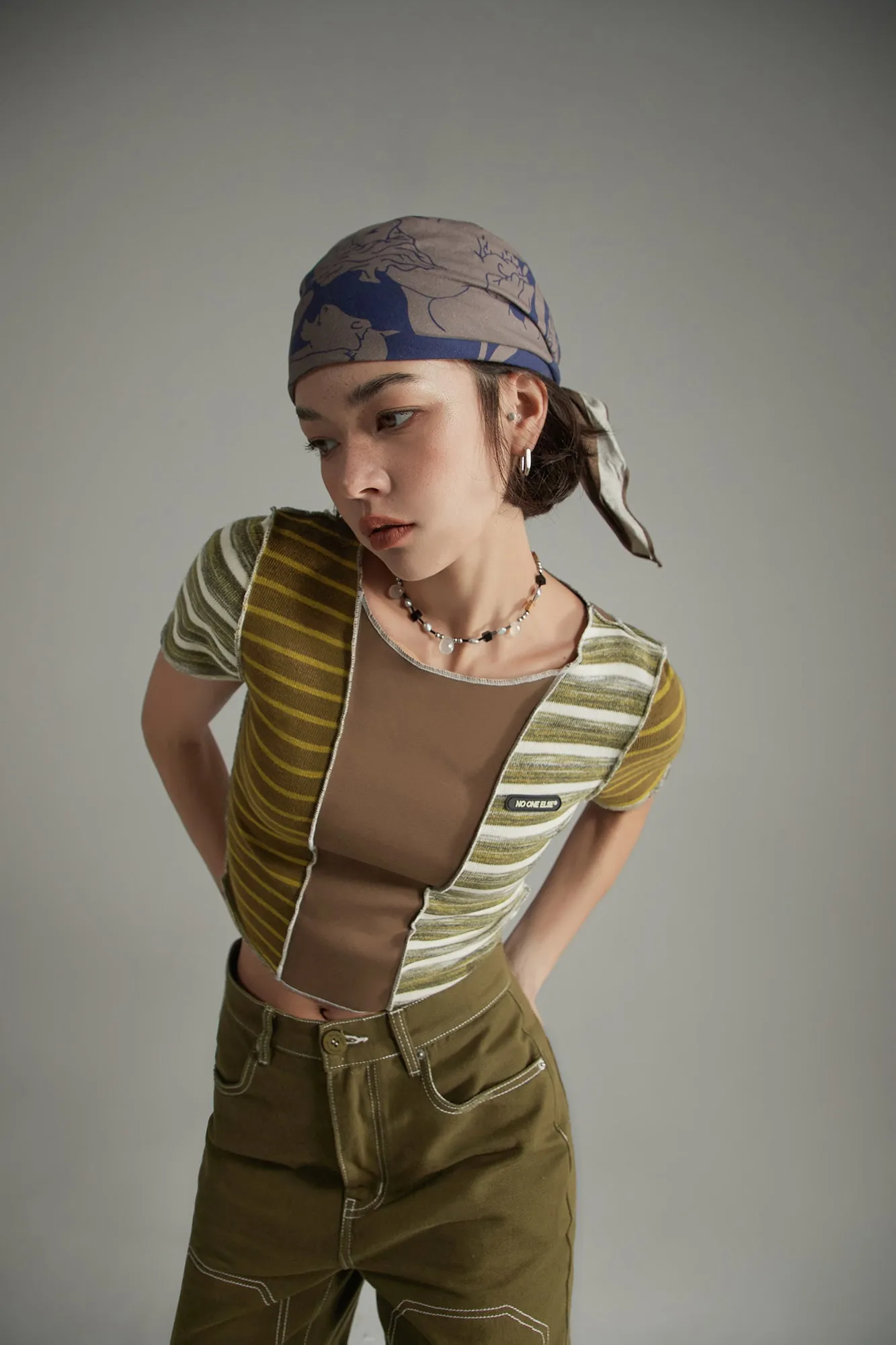 Contrast Striped Slim Cropped T-Shirt