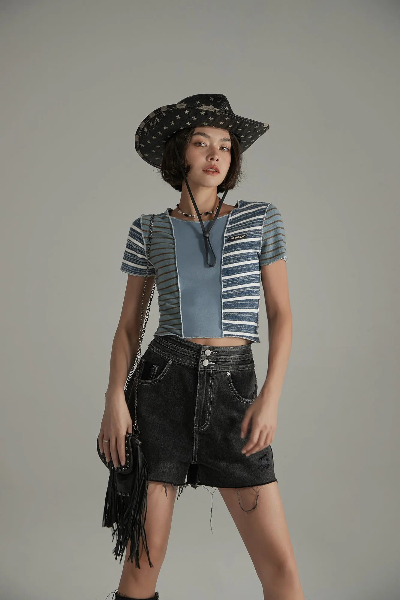 Contrast Striped Slim Cropped T-Shirt