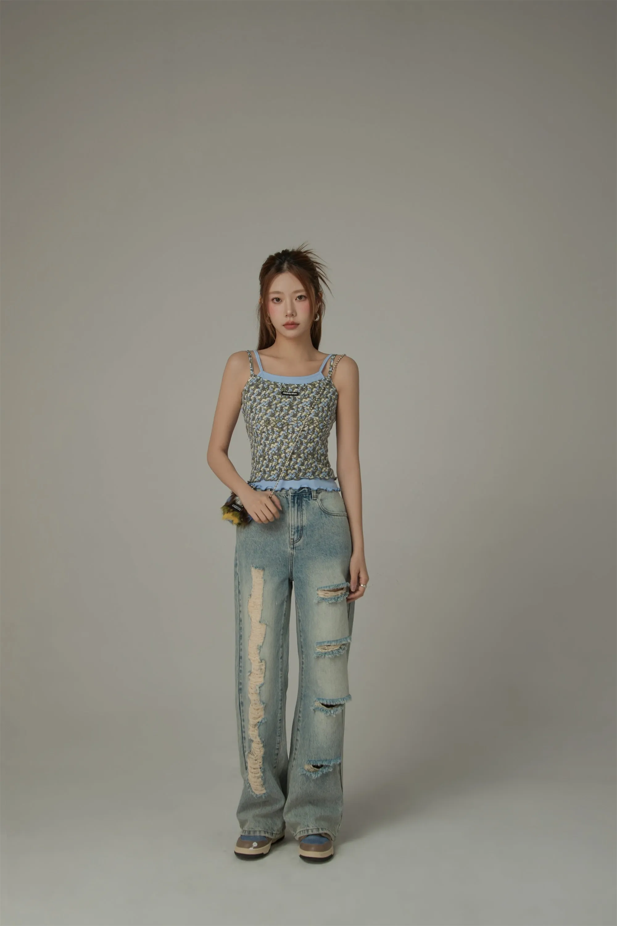 Cotton Distressed Denim Straight Leg Jeans