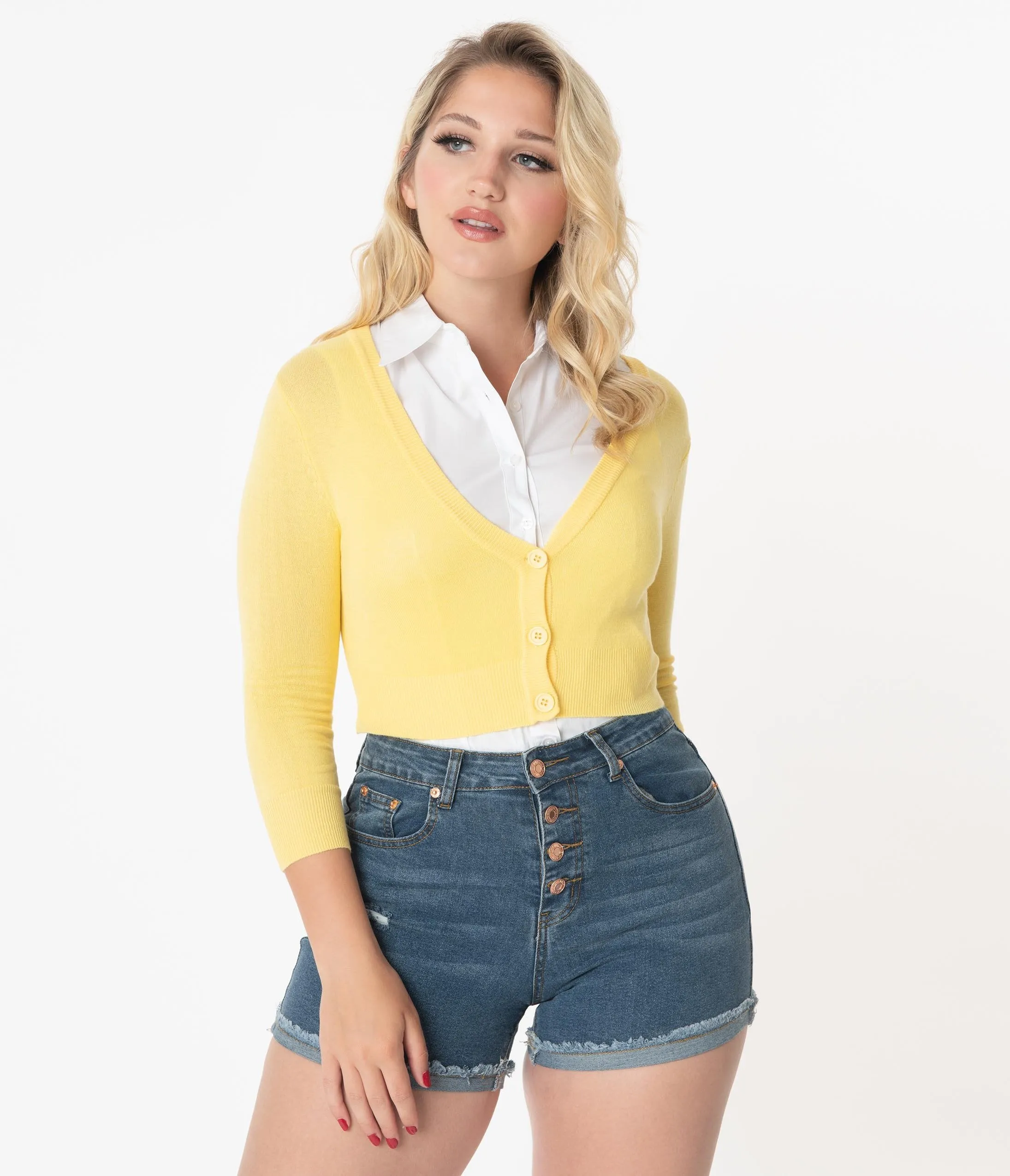 Custard Three-Quarter Sleeved Crop Cardigan