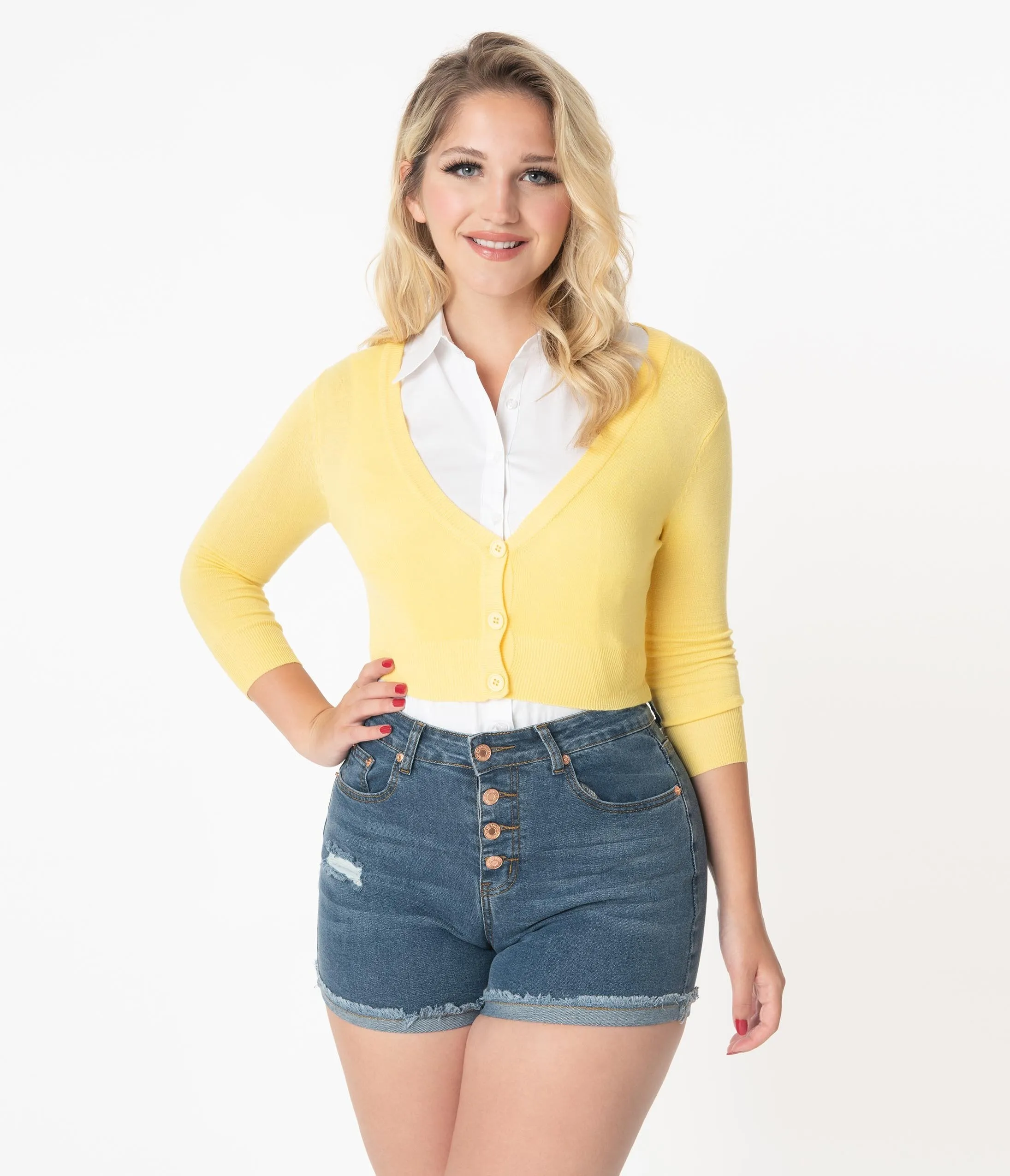 Custard Three-Quarter Sleeved Crop Cardigan